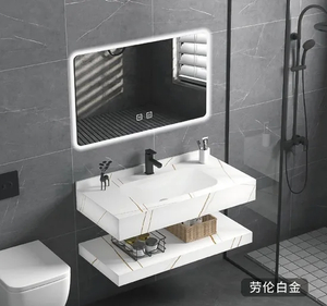 Grey White Marble Counter Wall Bathroom Cabinet Sintered Stone Basin